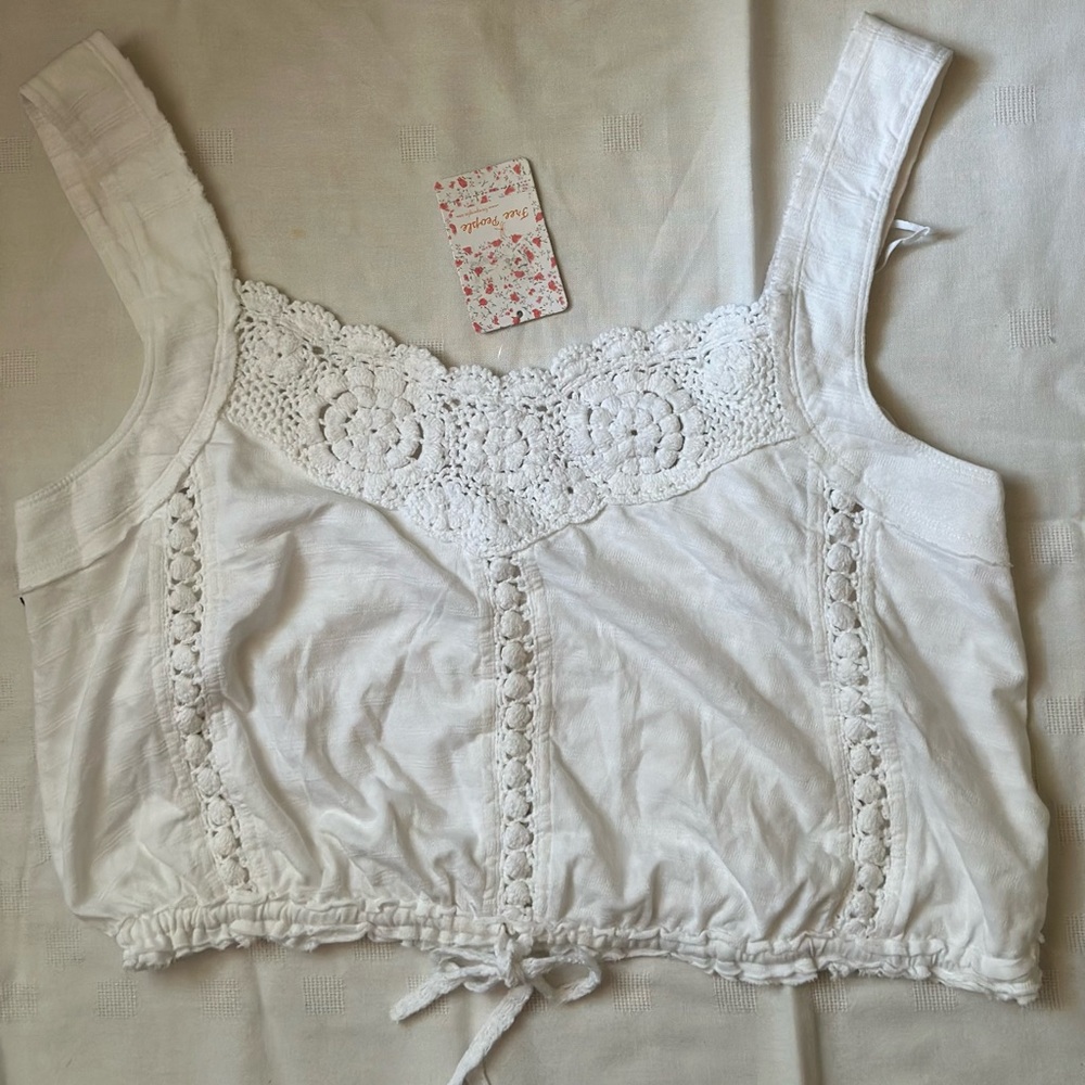 Free People White Cotton Crochet Cropped Top Strappy Sleeveless Drawstring Large